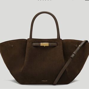 NWT Demellier The Midi Dark Moca Suede Tote Bag with Gold Accent